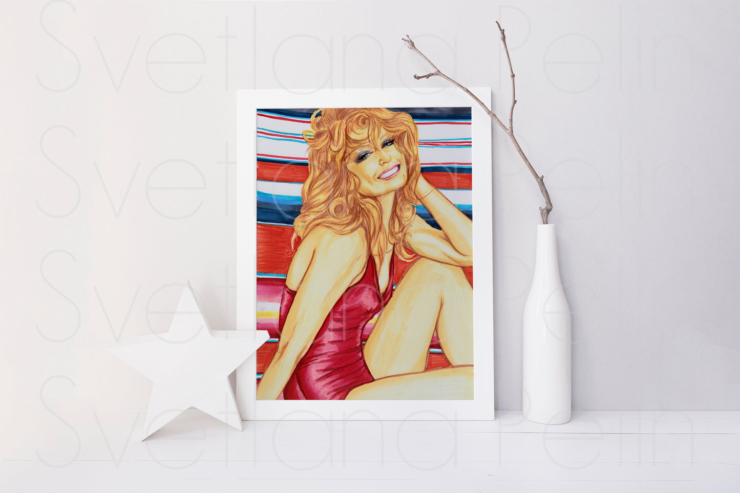Farrah Fawcett, Red swimsuit, ORIGINAL Marker drawing, Artwork by Svetlana Pelin