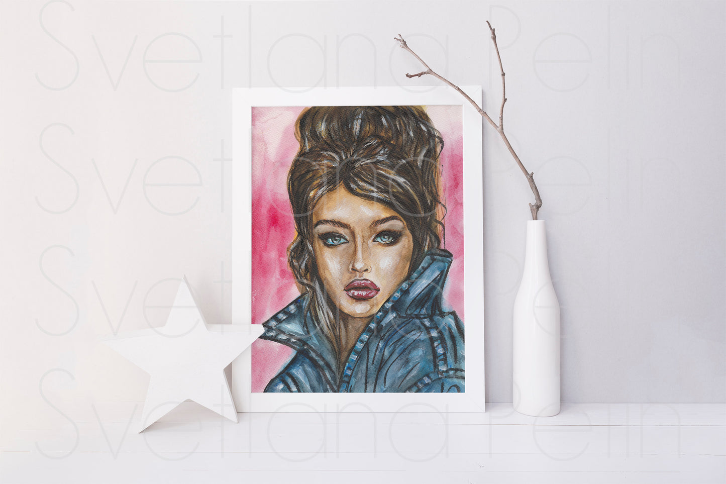 Gigi Hadid, Denim, ORIGINAL Watercolour Painting, Artwork by Svetlana Pelin