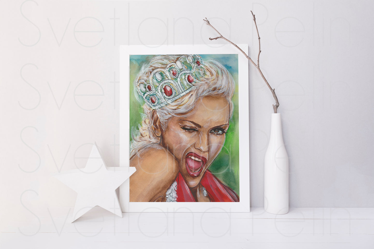 Gwen Stefani, Crown, ORIGINAL Watercolor Painting, Artwork by Svetlana Pelin