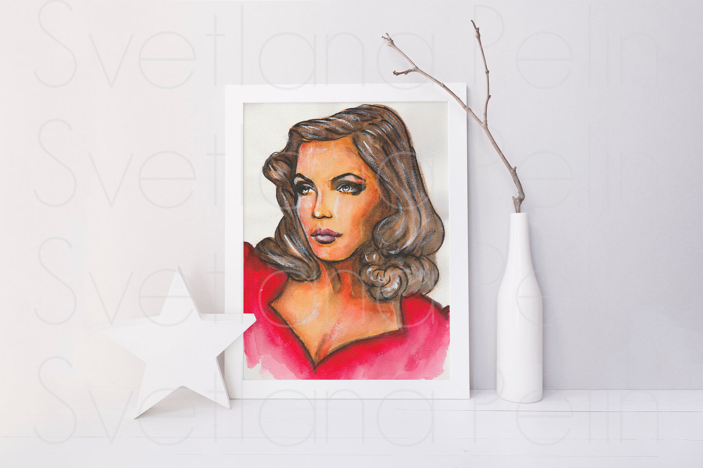 Gene Tierney, Red dress, ORIGINAL Watercolor Painting, Artwork by Svetlana Pelin