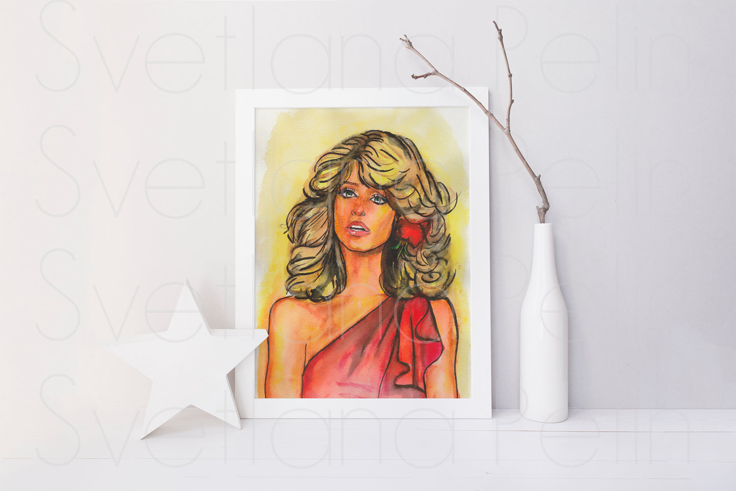 Farrah Fawcett, ORIGINAL Watercolor Painting, Artwork by Svetlana Pelin