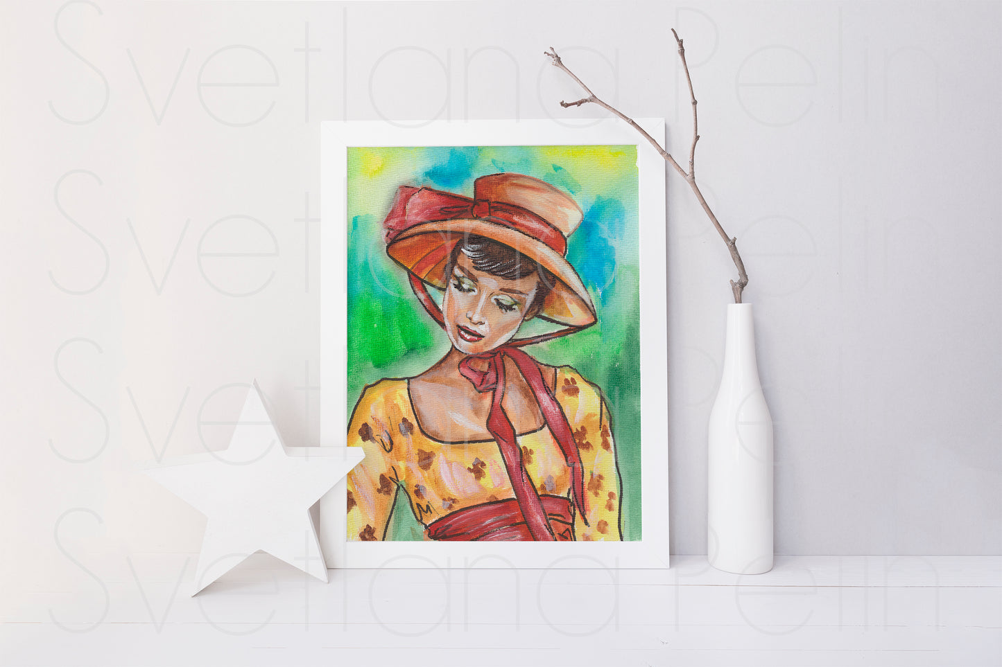 Audrey Hepburn, War and Peace, ORIGINAL Watercolor Painting, Artwork by Svetlana Pelin