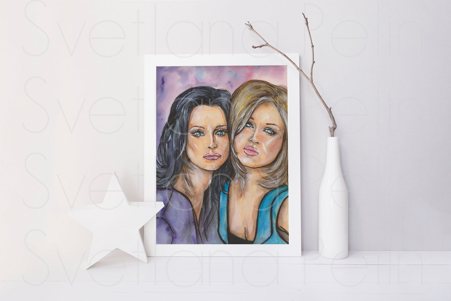 Courteney Cox, Jennifer Aniston, Friends, ORIGINAL Watercolor Painting, Artwork by Svetlana Pelin