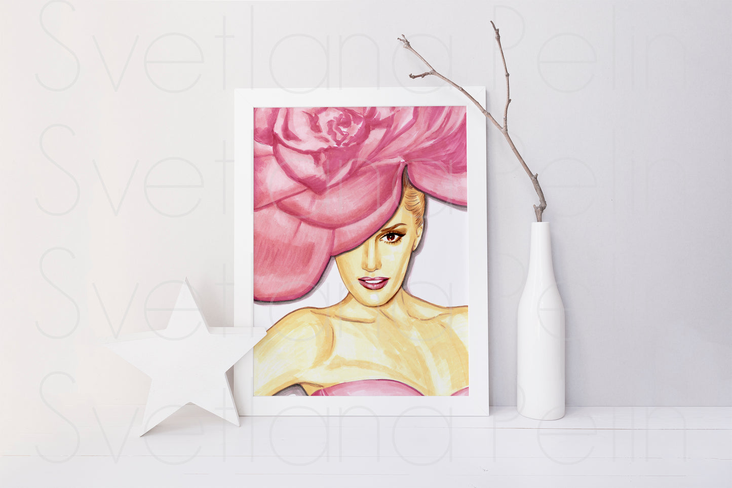 Gwen Stefani, Pink Flower Hat, ORIGINAL Marker Drawing, Artwork by Svetlana Pelin