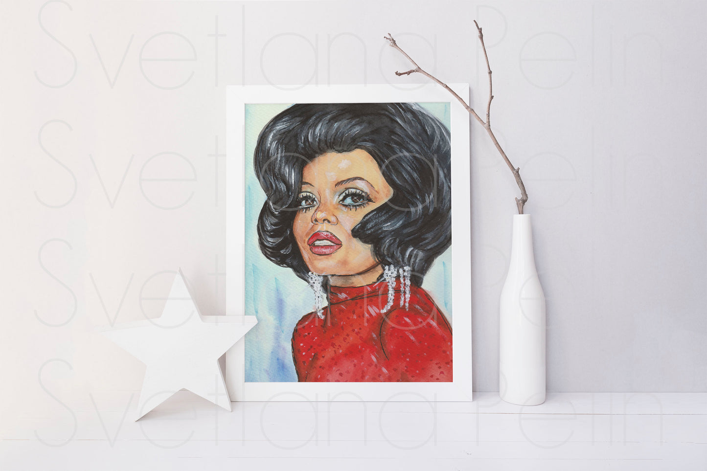 Diana Ross, Red dress, ORIGINAL Watercolor Painting, Artwork by Svetlana Pelin