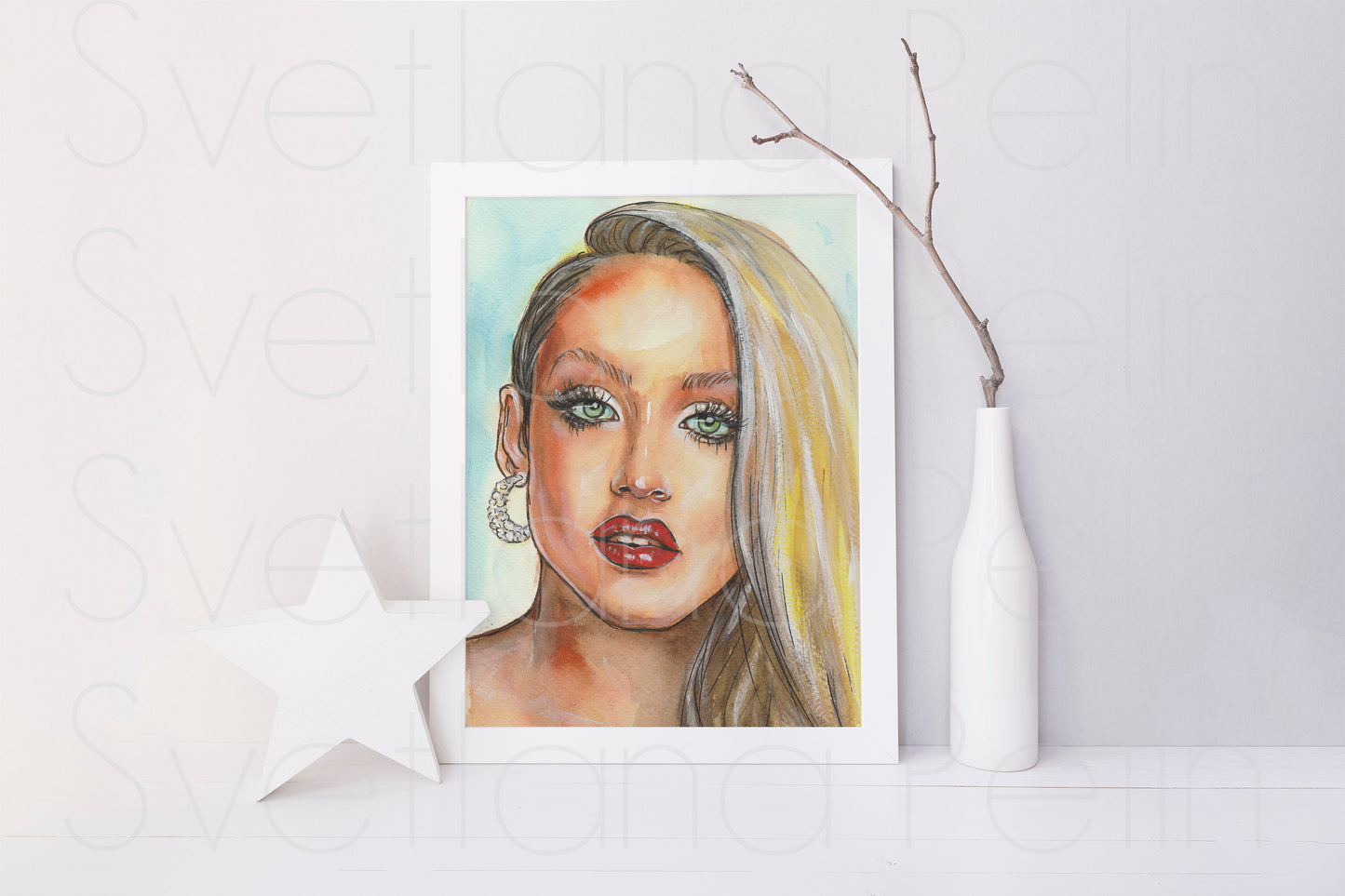 Jerry Hall, ORIGINAL Watercolor Painting, Artwork by Svetlana Pelin