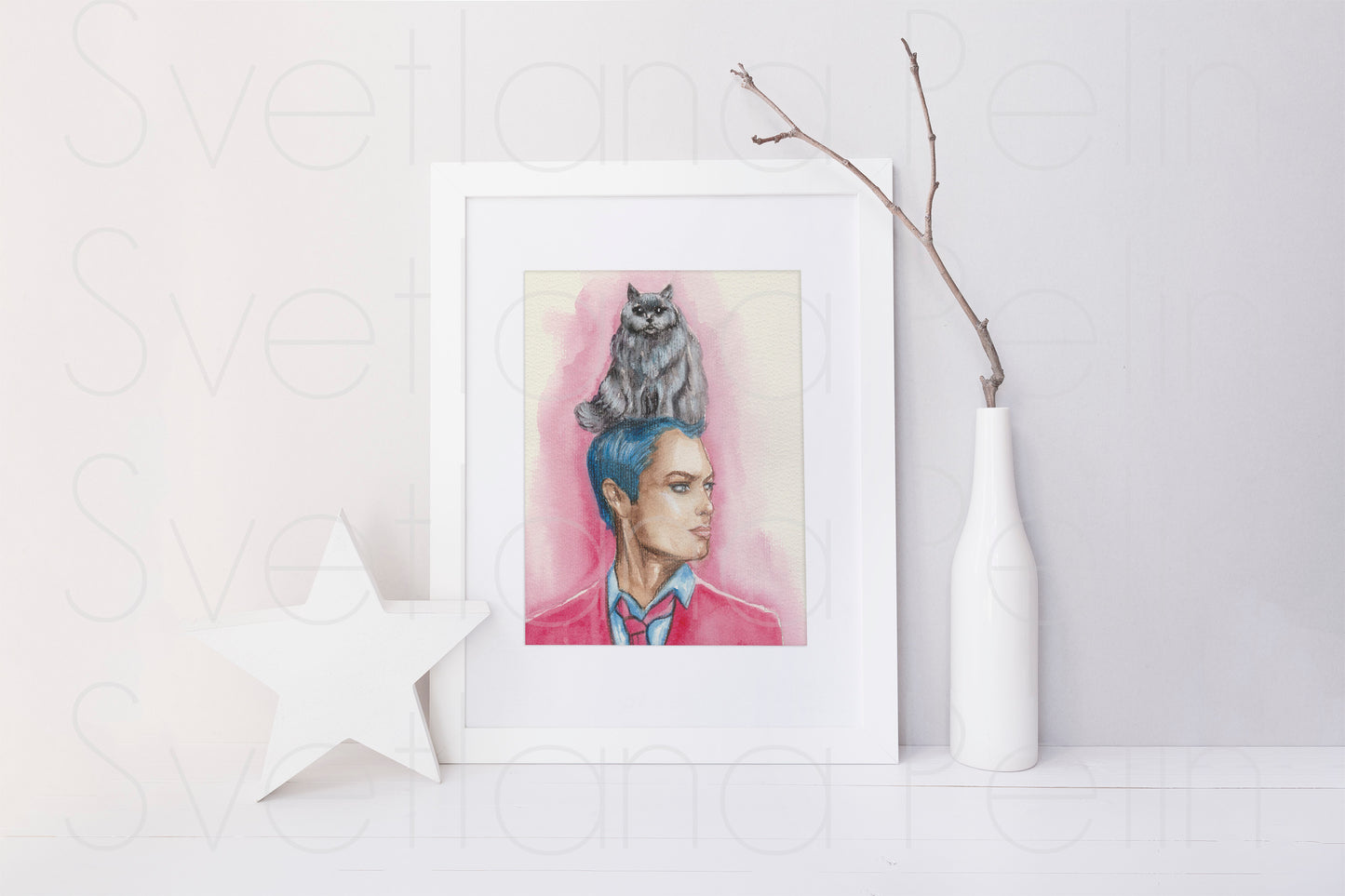 Jude Law, Cat, ORIGINAL watercolor painting, Artwork by Svetlana Pelin