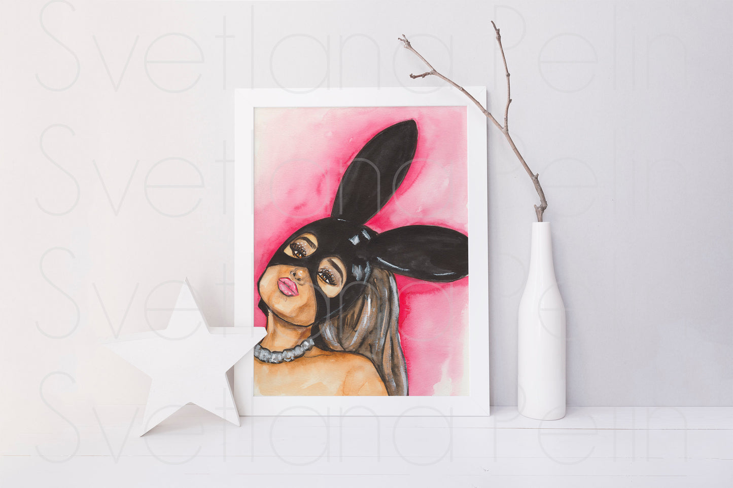 Ariana Grande, AG, Bunny, ORIGINAL Watercolor Painting, Artwork by Svetlana Pelin