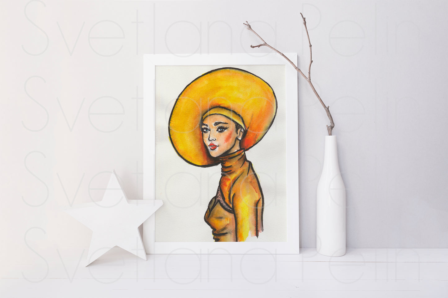 Gigi Hadid, Yellow Hat, ORIGINAL Watercolour Painting, Artwork by Svetlana Pelin