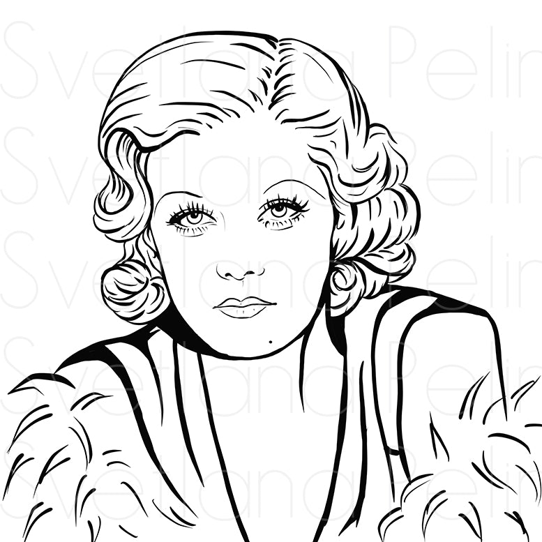 Jean Harlow, Coloring Page, Printable Digital Files, INSTANT Download