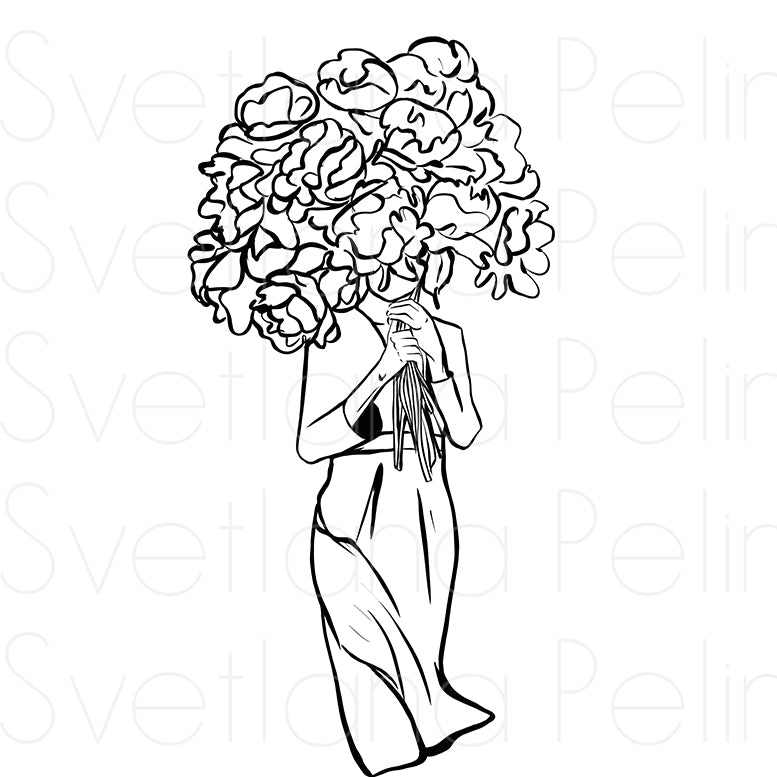 Woman with flowers, Coloring Page, Printable Digital Files, INSTANT Download