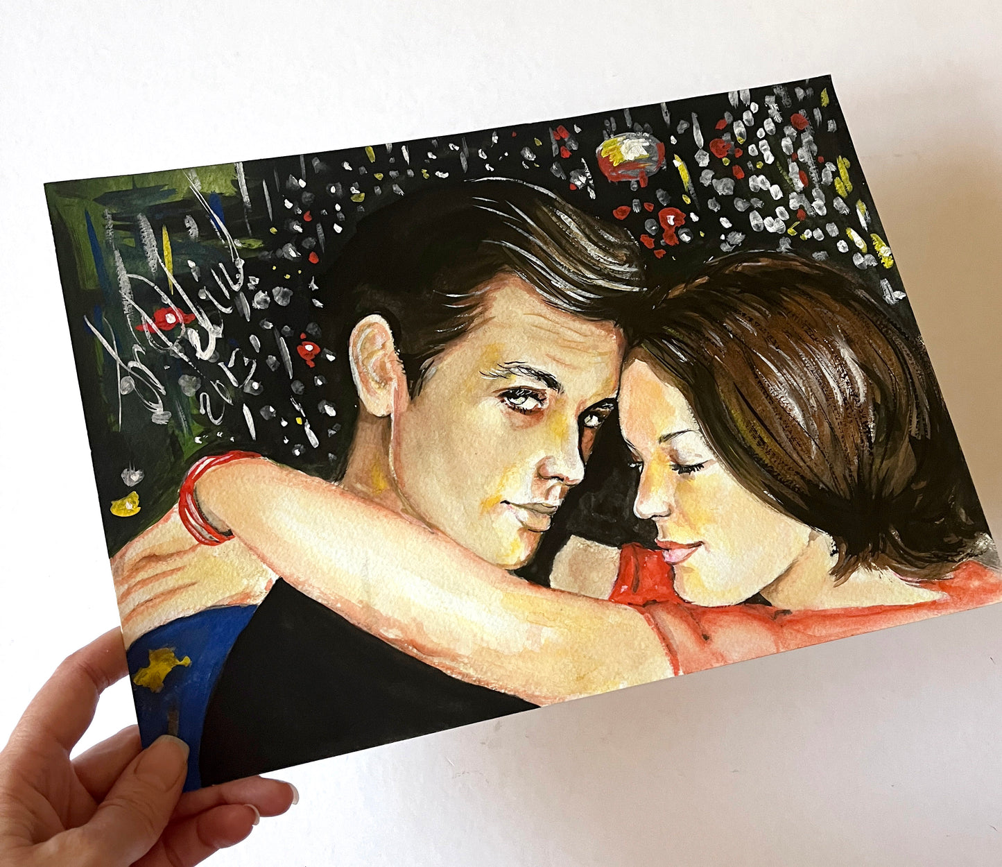 Alain Delon, Romy Schneider, Christmas, ORIGINAL Gouache Painting, Artwork by Svetlana Pelin