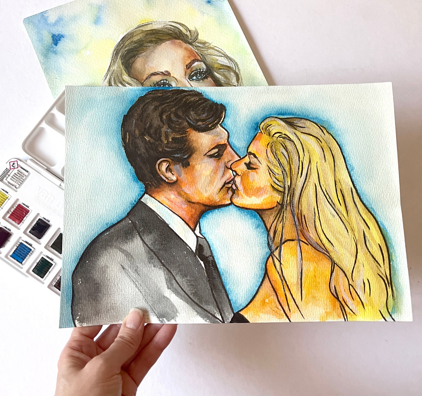 Anita Ekberg, Marcello Mastroianni, La Dolce Vita, ORIGINAL Watercolor Painting, Artwork by Svetlana Pelin
