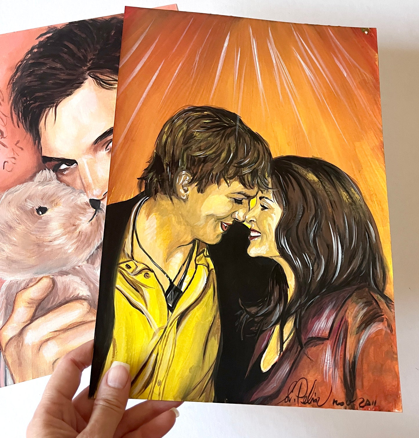 Demi Moore and Ashton Kutcher, ORIGINAL Gouache Painting, Artwork by Svetlana Pelin