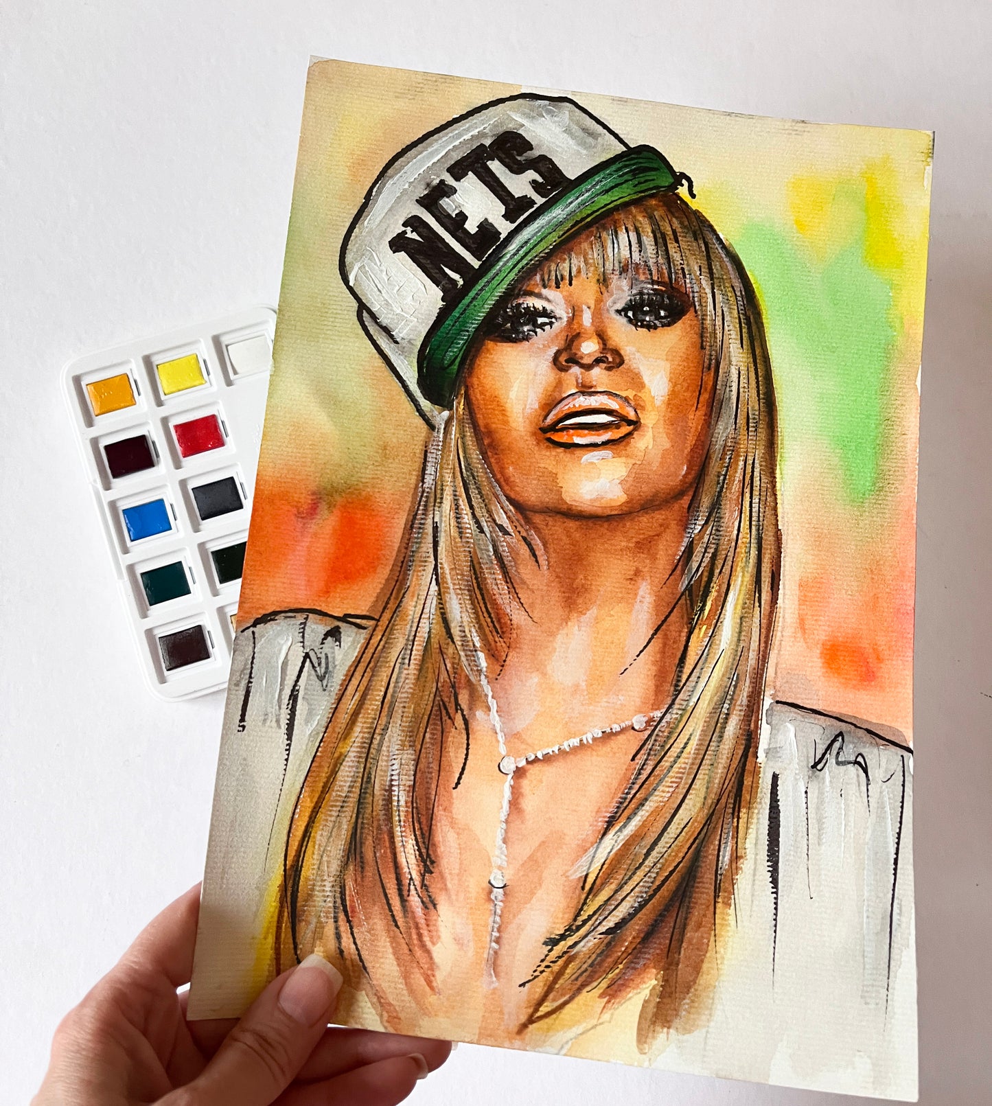 Beyonce Knowles, Baseball cap, ORIGINAL Watercolor Painting, Artwork by Svetlana Pelin