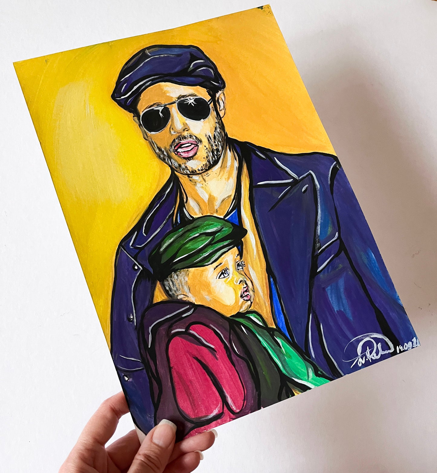 Brad Pitt, Dad, Father, Son, ORIGINAL Gouache Painting, Artwork by Svetlana Pelin