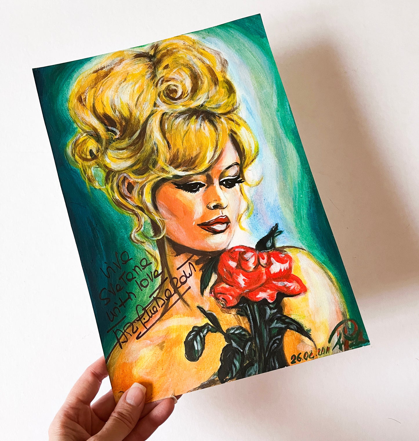 Brigitte Bardot, BB Autograph, Red rose, ORIGINAL Acrylic Painting, Artwork by Svetlana Pelin