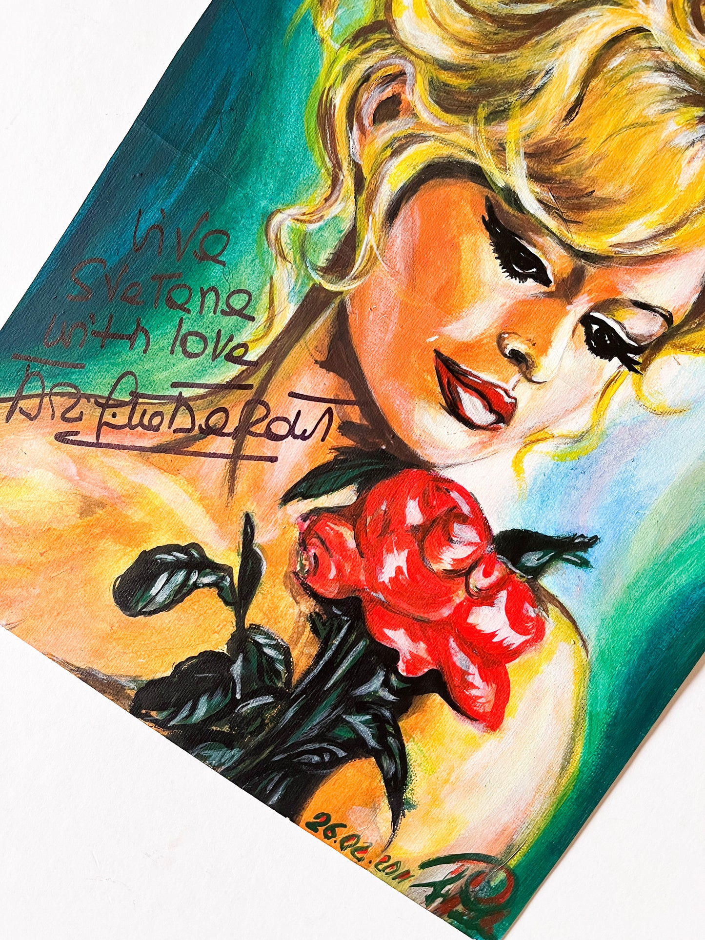 Brigitte Bardot, BB Autograph, Red rose, ORIGINAL Acrylic Painting, Artwork by Svetlana Pelin