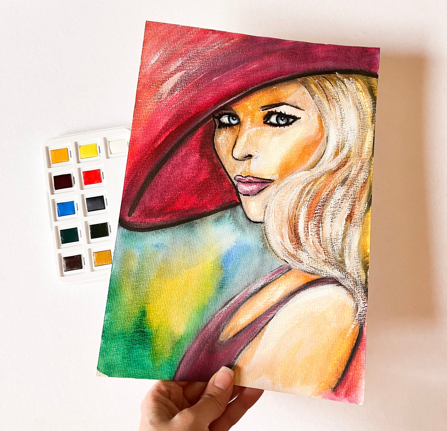 Claudia Schiffer, Red hat, ORIGINAL Watercolor Painting, Artwork by Svetlana Pelin