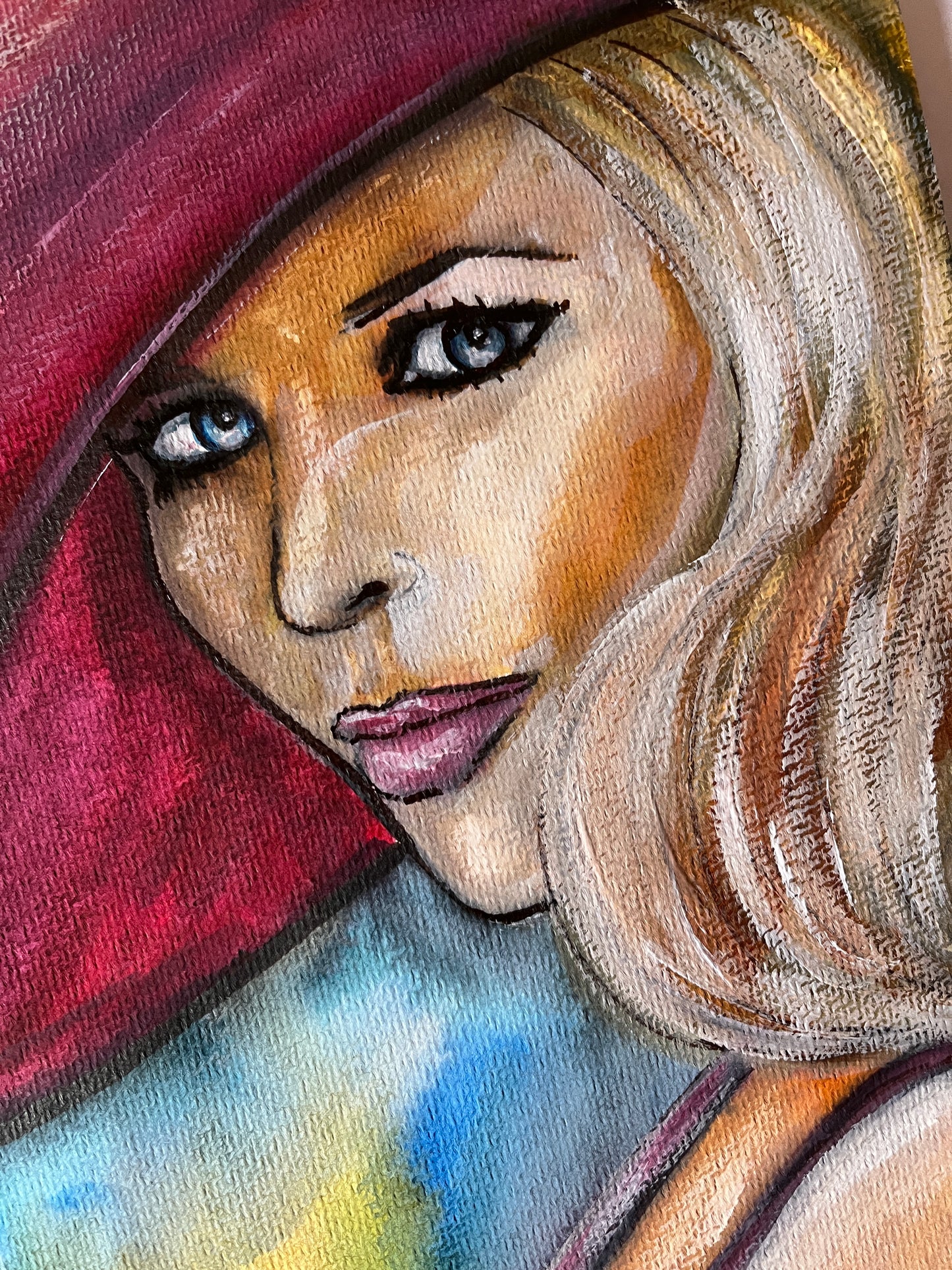 Claudia Schiffer, Red hat, ORIGINAL Watercolor Painting, Artwork by Svetlana Pelin