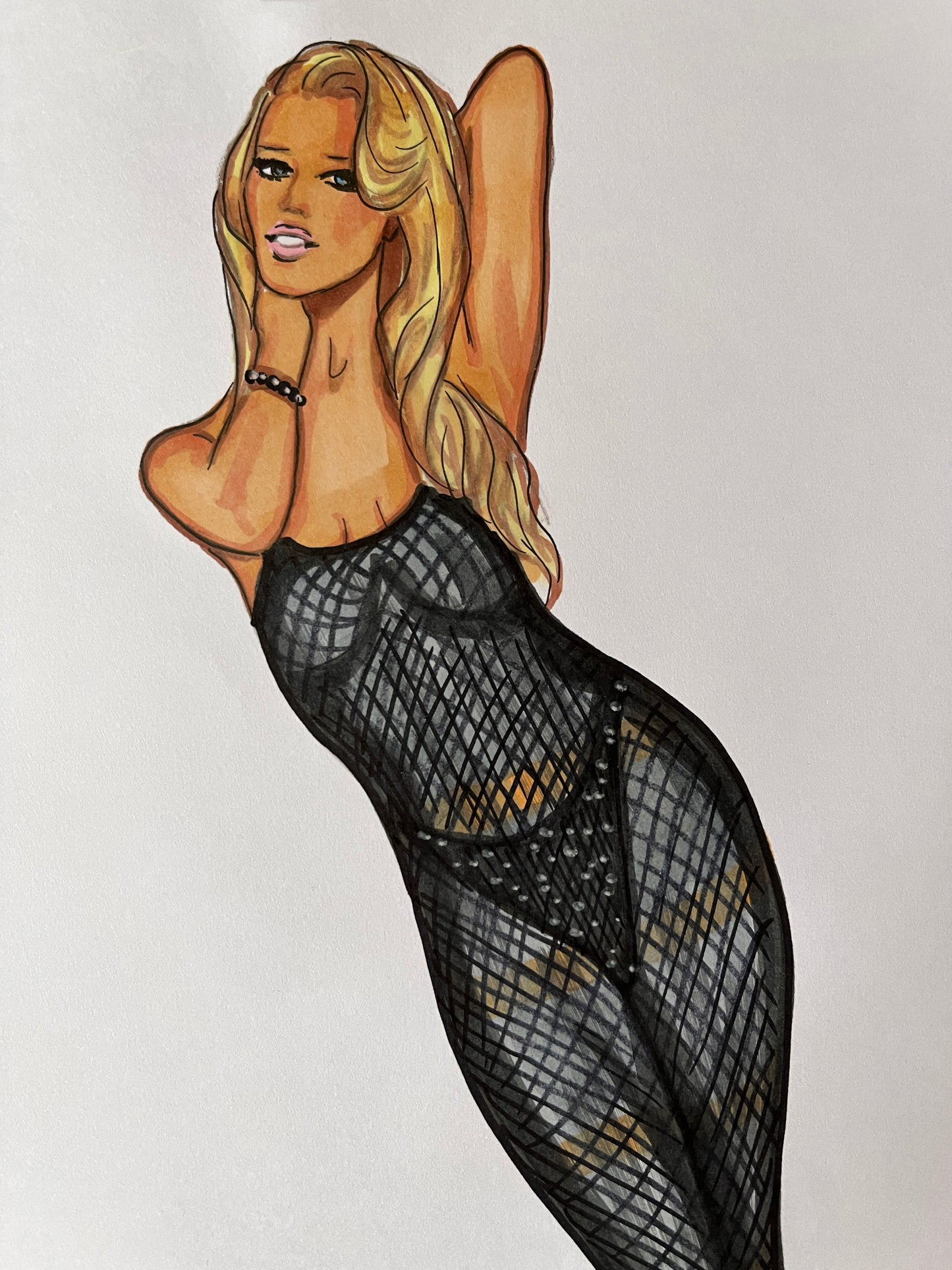 Claudia Schiffer, Black dress, ORIGINAL Marker drawing, Artwork by Svetlana Pelin