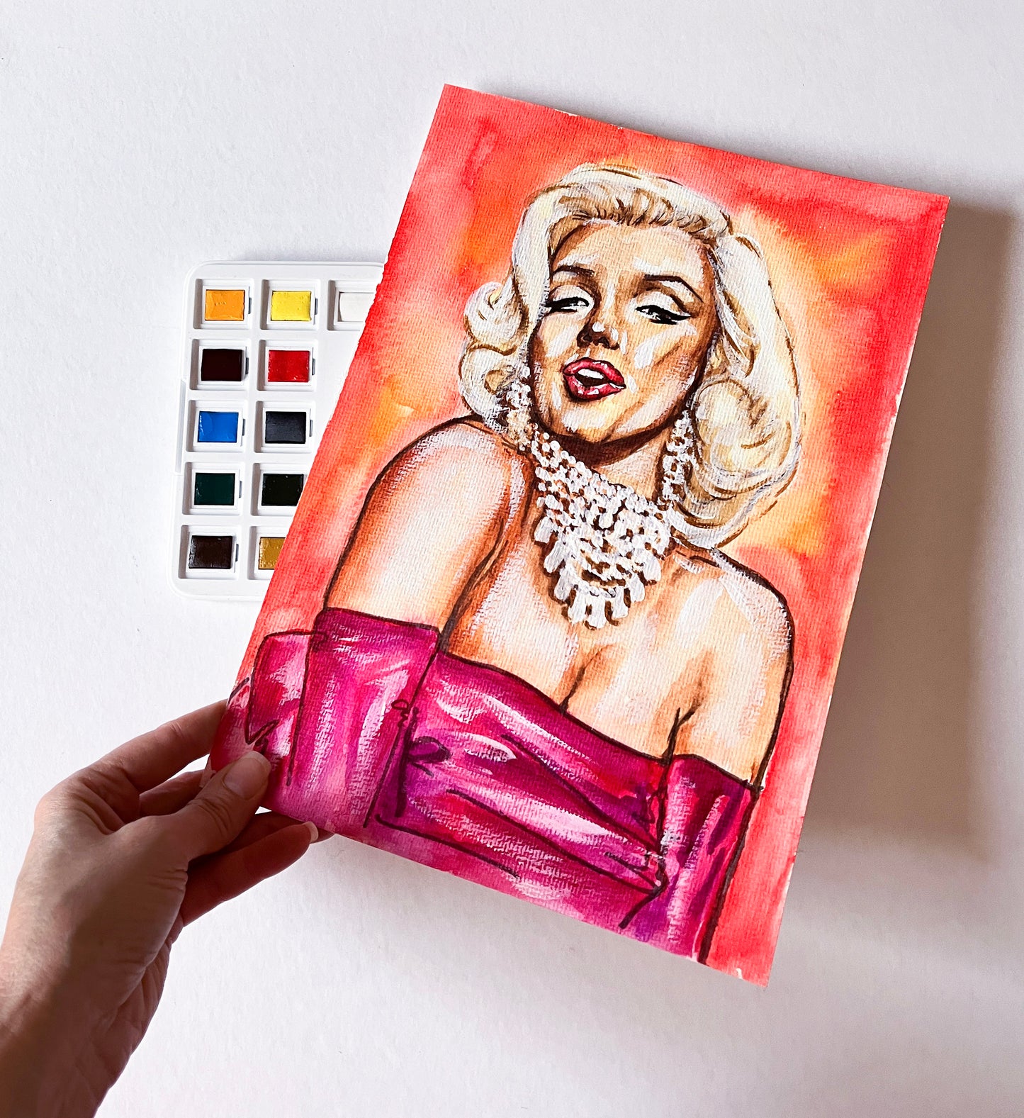 Marilyn Monroe, Gentlemen Prefer Blondes, , Pink dress, ORIGINAL Watercolor Painting, Artwork by Svetlana Pelin