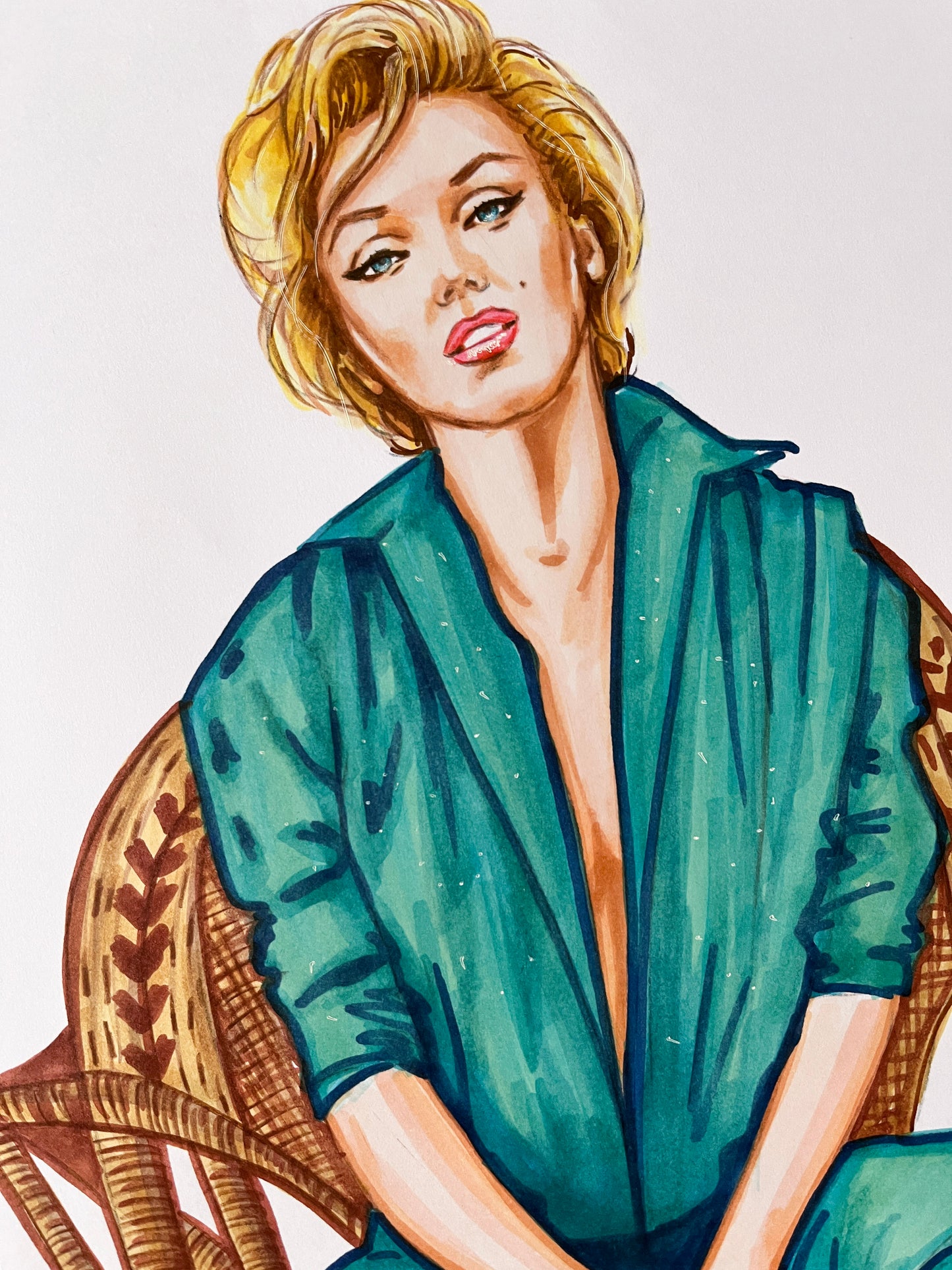 Marilyn Monroe, Milton Greene, Blue, Wicker sitting, ORIGINAL Marker drawing, Artwork by Svetlana Pelin
