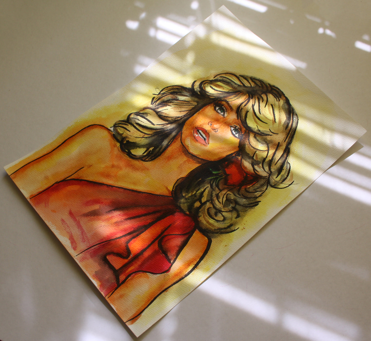 Farrah Fawcett, ORIGINAL Watercolor Painting, Artwork by Svetlana Pelin