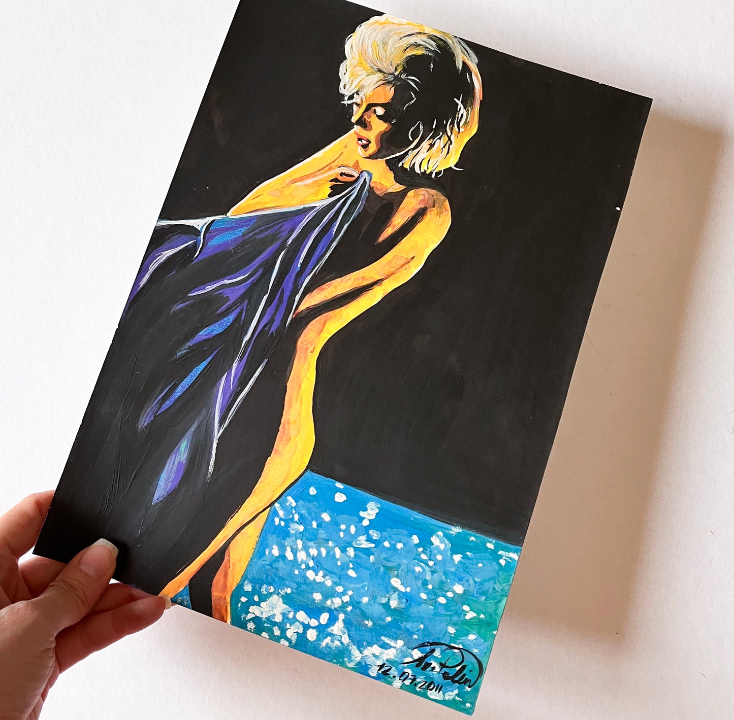 Marilyn Monroe, Something's Got to Give, Pool, Blue robe, SGTG, ORIGINAL Acrylic painting, Artwork by Svetlana Pelin