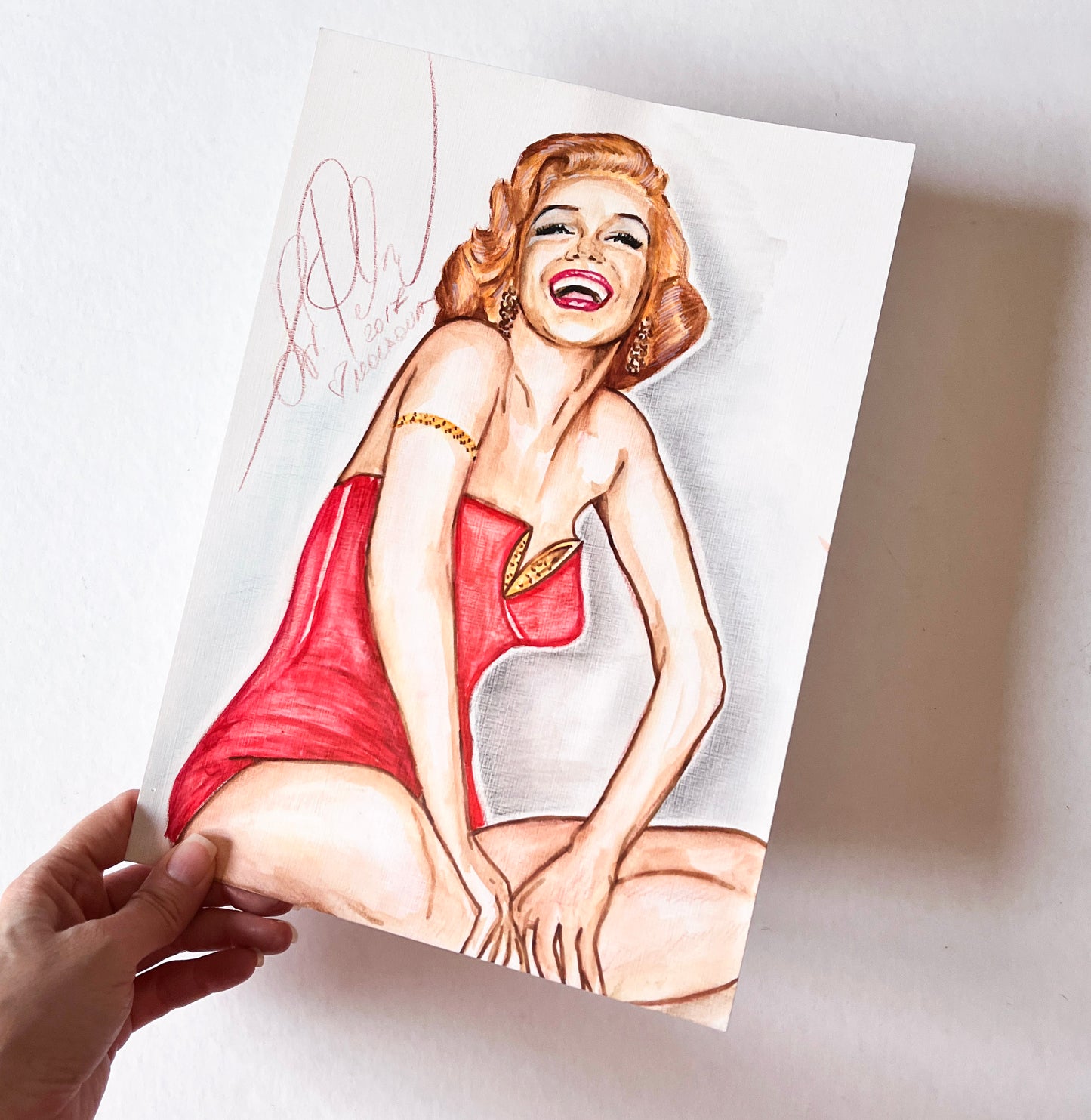 Marilyn Monroe, Red swimsuit, How to Marry a Millionaire, HTMM, ORIGINAL Watercolor pencils Drawing, Artwork by Svetlana Pelin
