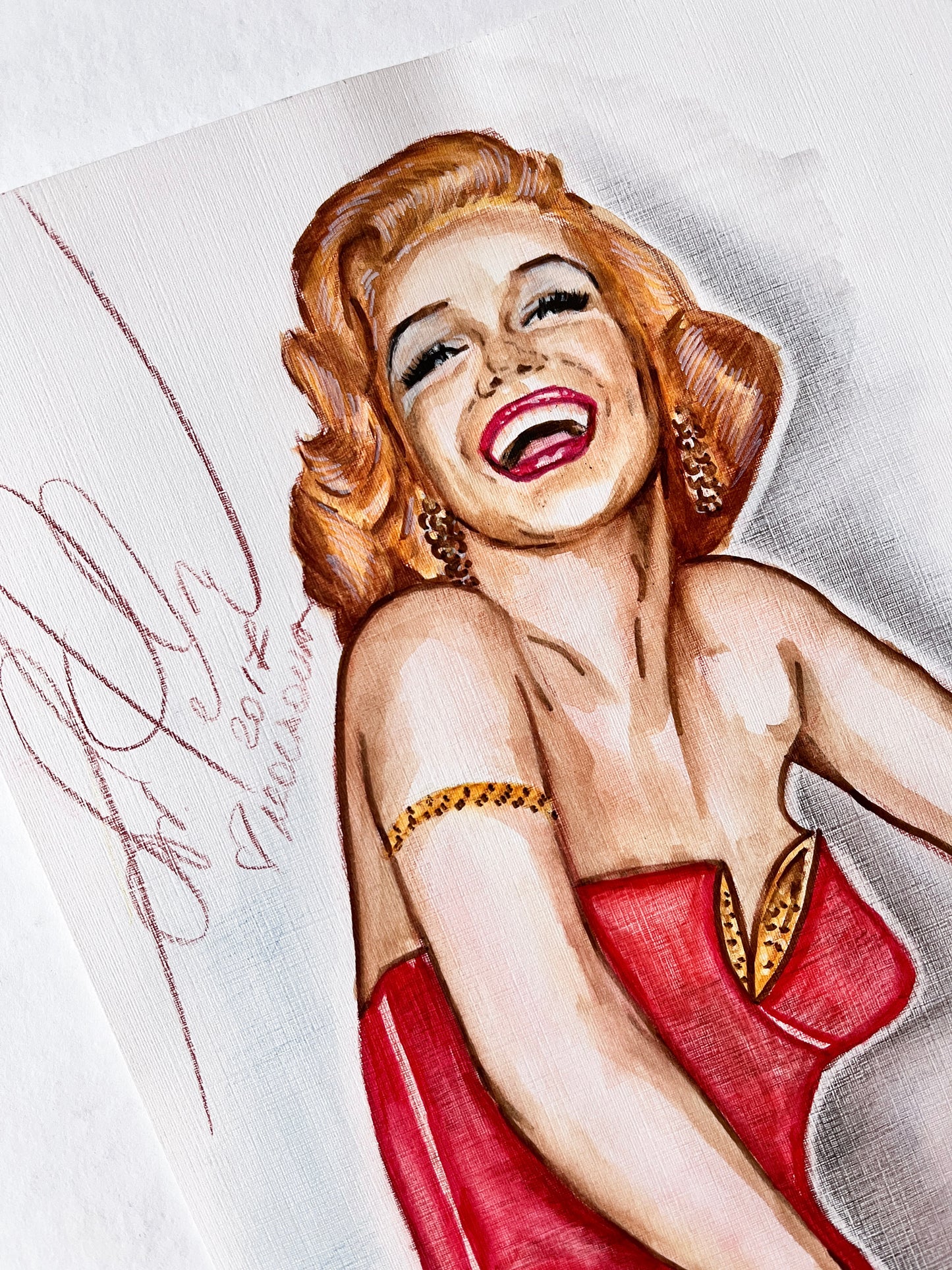 Marilyn Monroe, Red swimsuit, How to Marry a Millionaire, HTMM, ORIGINAL Watercolor pencils Drawing, Artwork by Svetlana Pelin