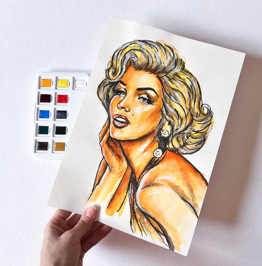 Marilyn Monroe, Frank Powolny, Gold Dress, GPB, ORIGINAL Watercolor Painting, Artwork by Svetlana Pelin