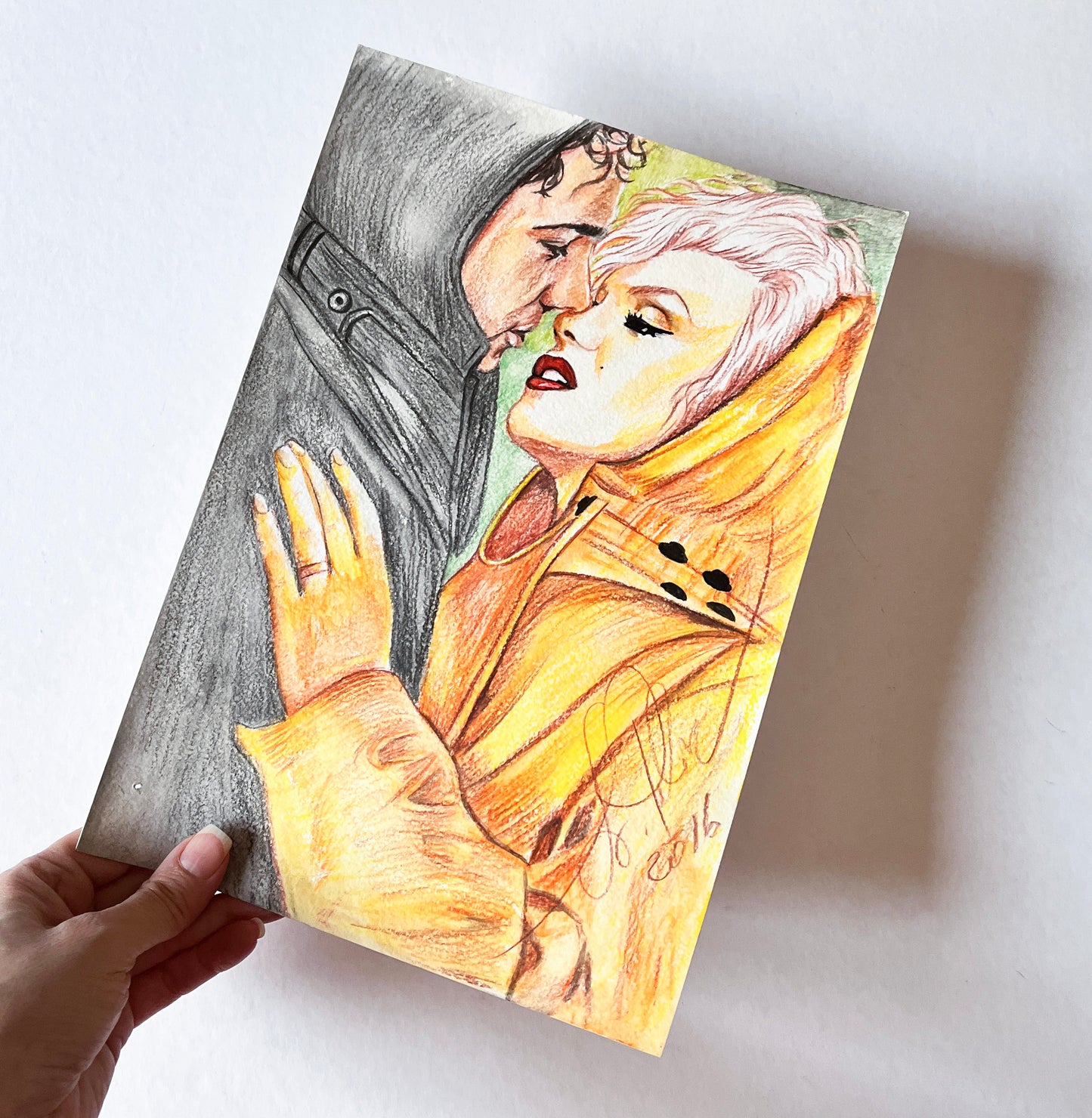 Marilyn Monroe, Niagara, Richard Allan, Yellow raincoat, Kiss, ORIGINAL Watercolor pencils Drawing, Artwork by Svetlana Pelin