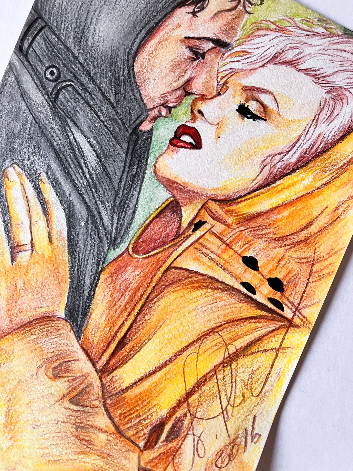 Marilyn Monroe, Niagara, Richard Allan, Yellow raincoat, Kiss, ORIGINAL Watercolor pencils Drawing, Artwork by Svetlana Pelin
