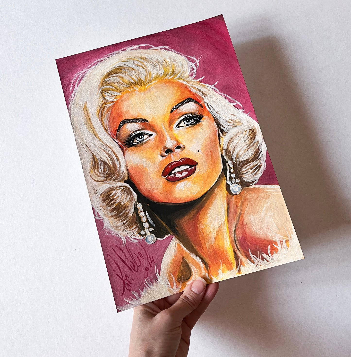 Marilyn Monroe, White fur, Frank Powolny, ORIGINAL Gouache painting, Artwork by Svetlana Pelin