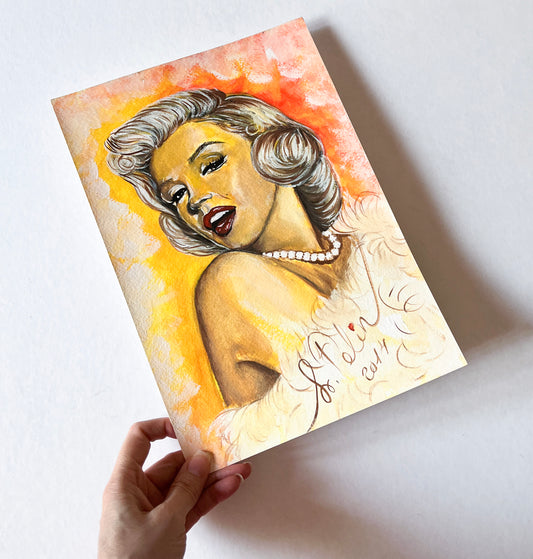 Marilyn Monroe, White fur, Gene Trindl, ORIGINAL Gouache painting, Artwork by Svetlana Pelin
