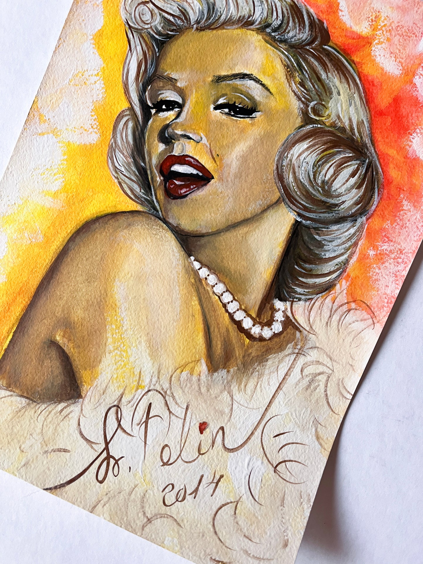 Marilyn Monroe, White fur, Gene Trindl, ORIGINAL Gouache painting, Artwork by Svetlana Pelin