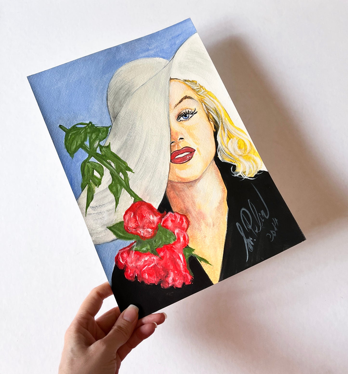 Marilyn Monroe, White hat, Carl Perutz, ORIGINAL Gouache painting, Artwork by Svetlana Pelin