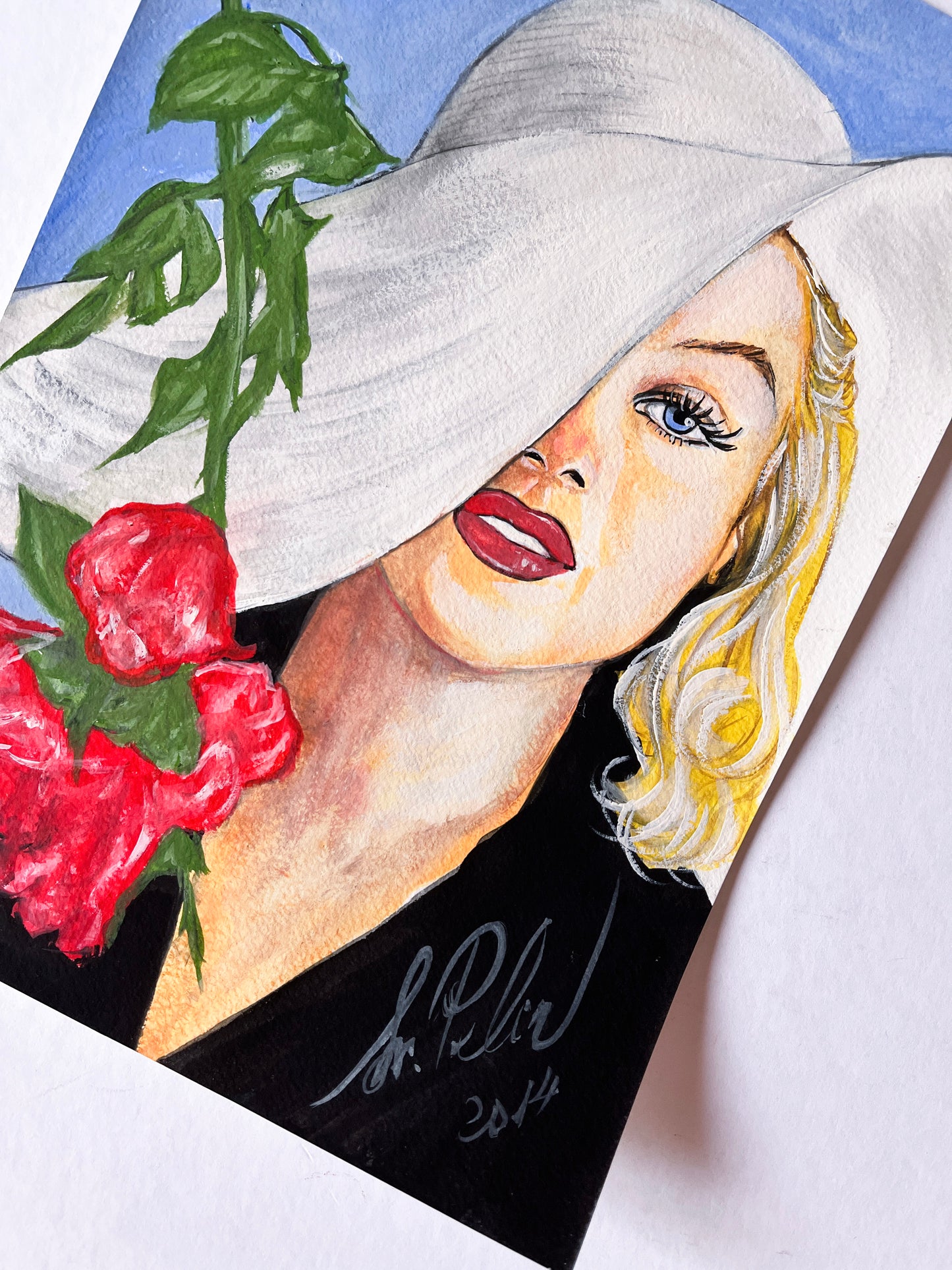 Marilyn Monroe, White hat, Carl Perutz, ORIGINAL Gouache painting, Artwork by Svetlana Pelin