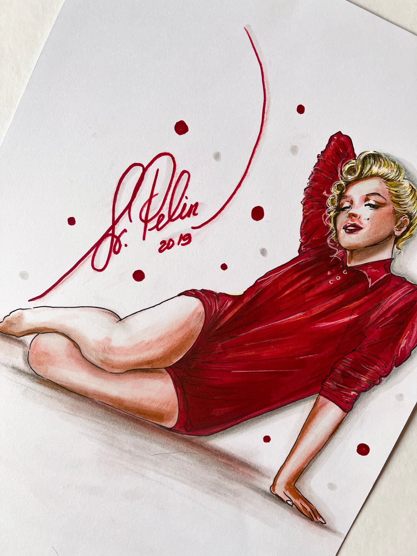 Marilyn Monroe, Milton Greene, Red sweater, ORIGINAL Marker drawing, Artwork by Svetlana Pelin