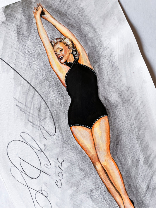Marilyn Monroe, Frank Powolny, Black Bathing Suit, ORIGINAL Watercolor pencils Drawing, Artwork by Svetlana Pelin