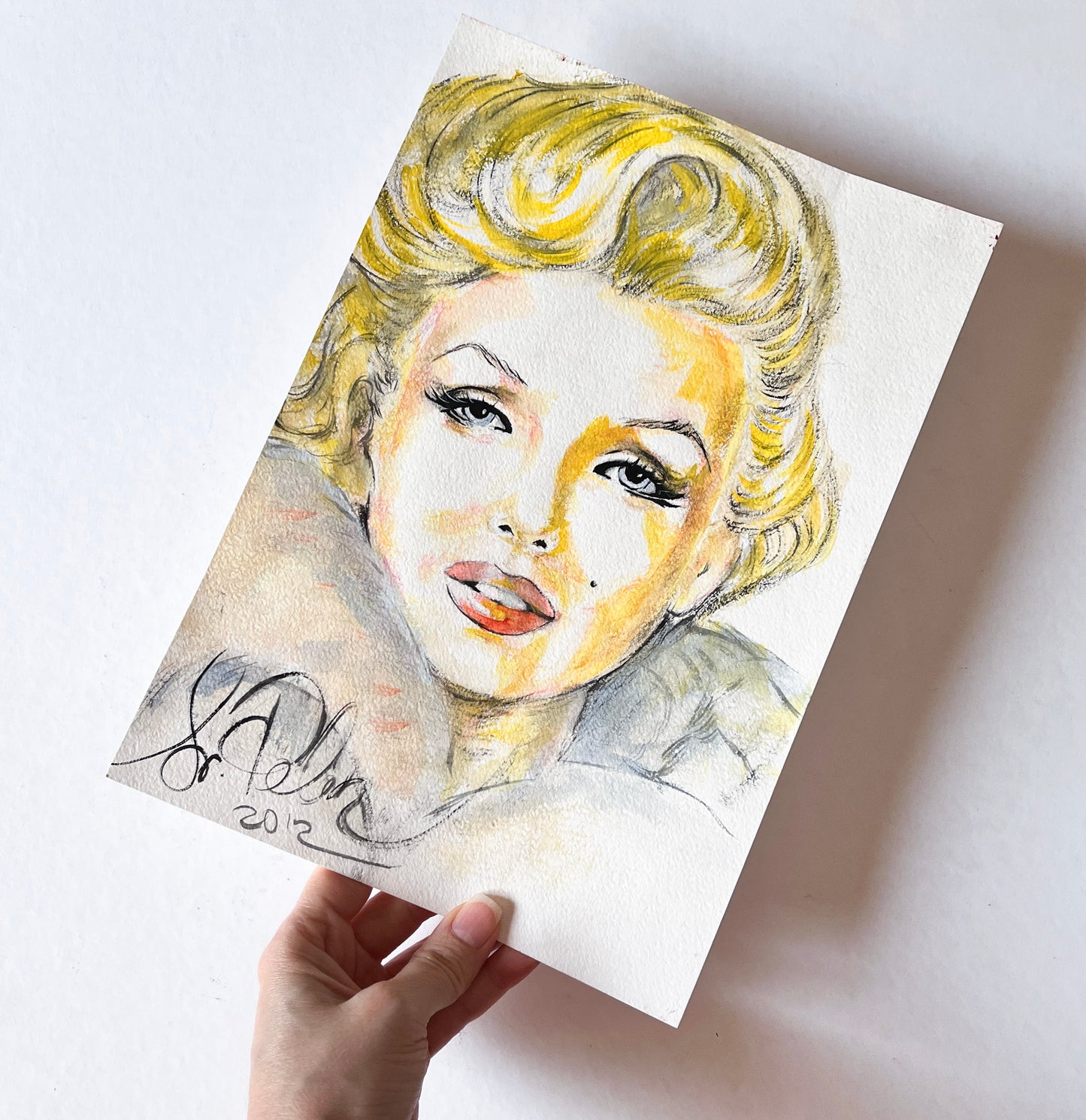 Marilyn Monroe, Milton Greene, White Fur, ORIGINAL Watercolor pencils Drawing, Artwork by Svetlana Pelin