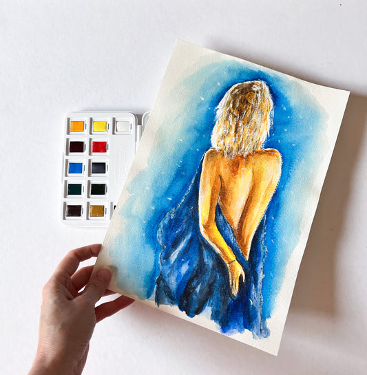 Marilyn Monroe,  Something's Got to Give, Blue Robe, ORIGINAL Watercolor Painting, Artwork by Svetlana Pelin