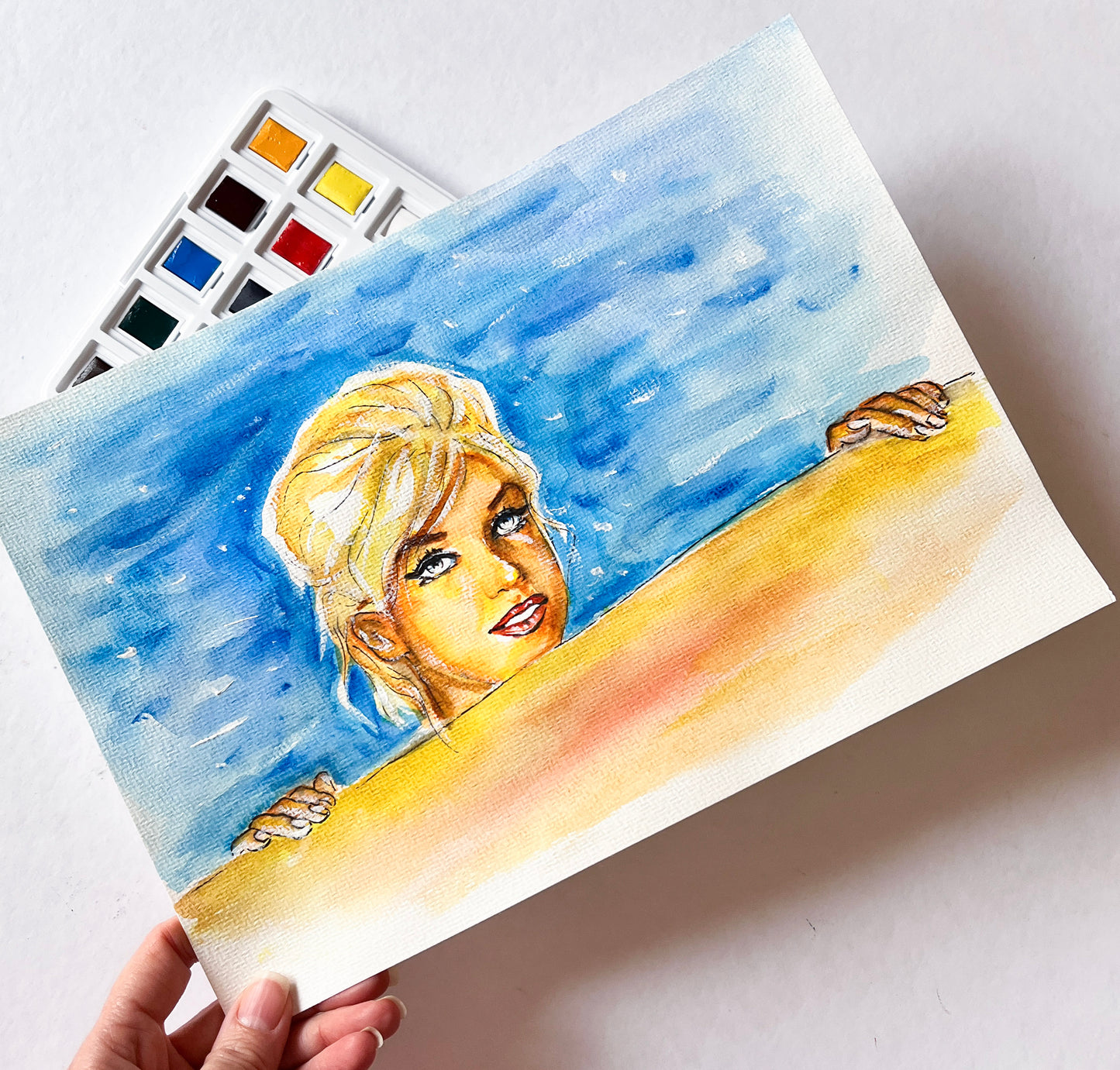 Marilyn Monroe, Something's Got to Give, Pool, ORIGINAL Watercolor Painting, Artwork by Svetlana Pelin