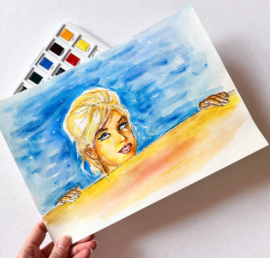 Marilyn Monroe,  Something's Got to Give, Pool, ORIGINAL Watercolor Painting, Artwork by Svetlana Pelin