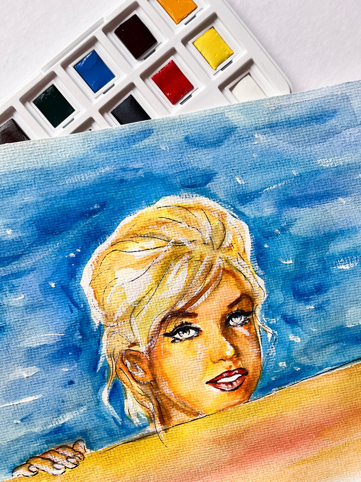 Marilyn Monroe, Something's Got to Give, Pool, ORIGINAL Watercolor Painting, Artwork by Svetlana Pelin