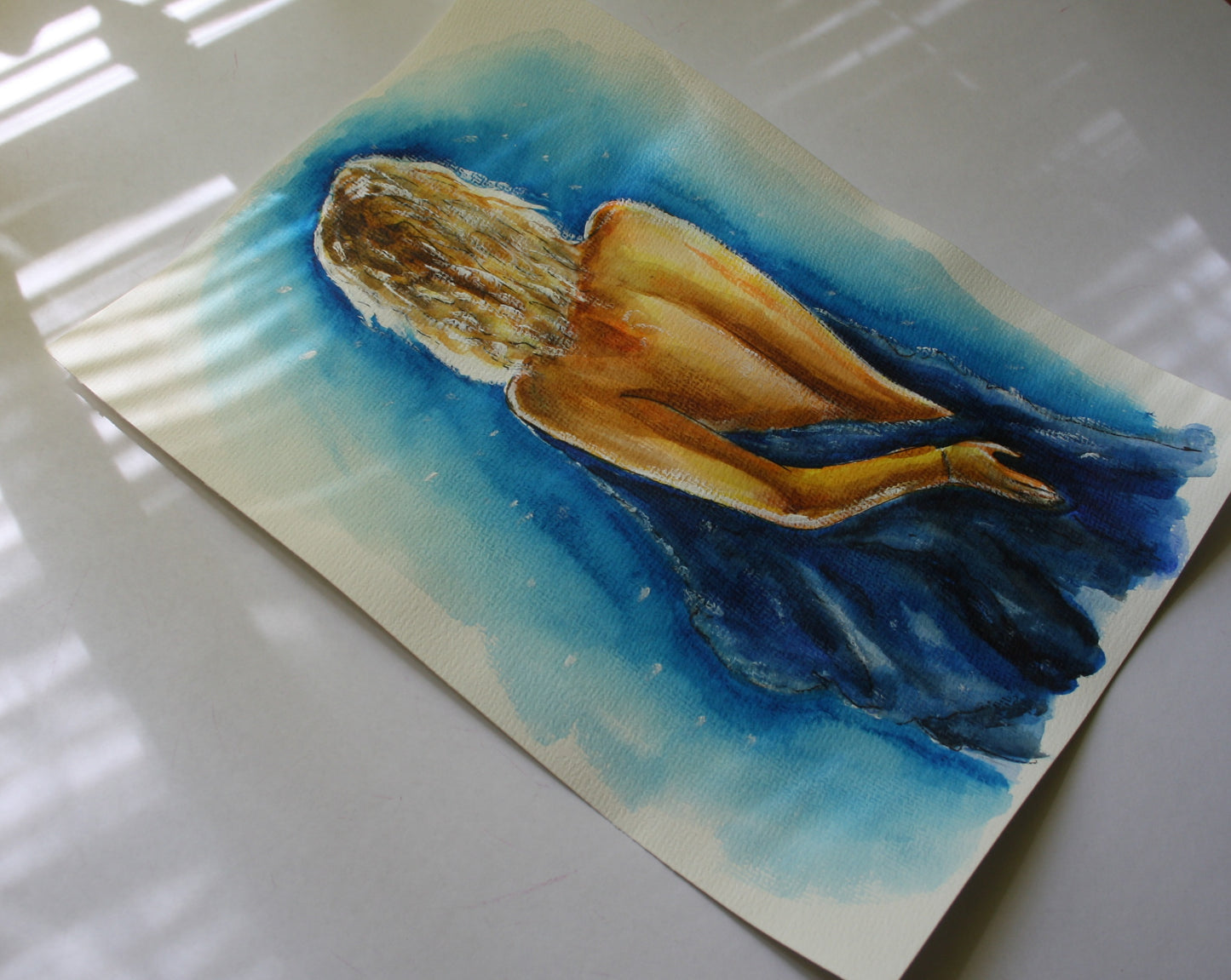 Marilyn Monroe, Something's Got to Give, Blue Robe, ORIGINAL Watercolor Painting, Artwork by Svetlana Pelin