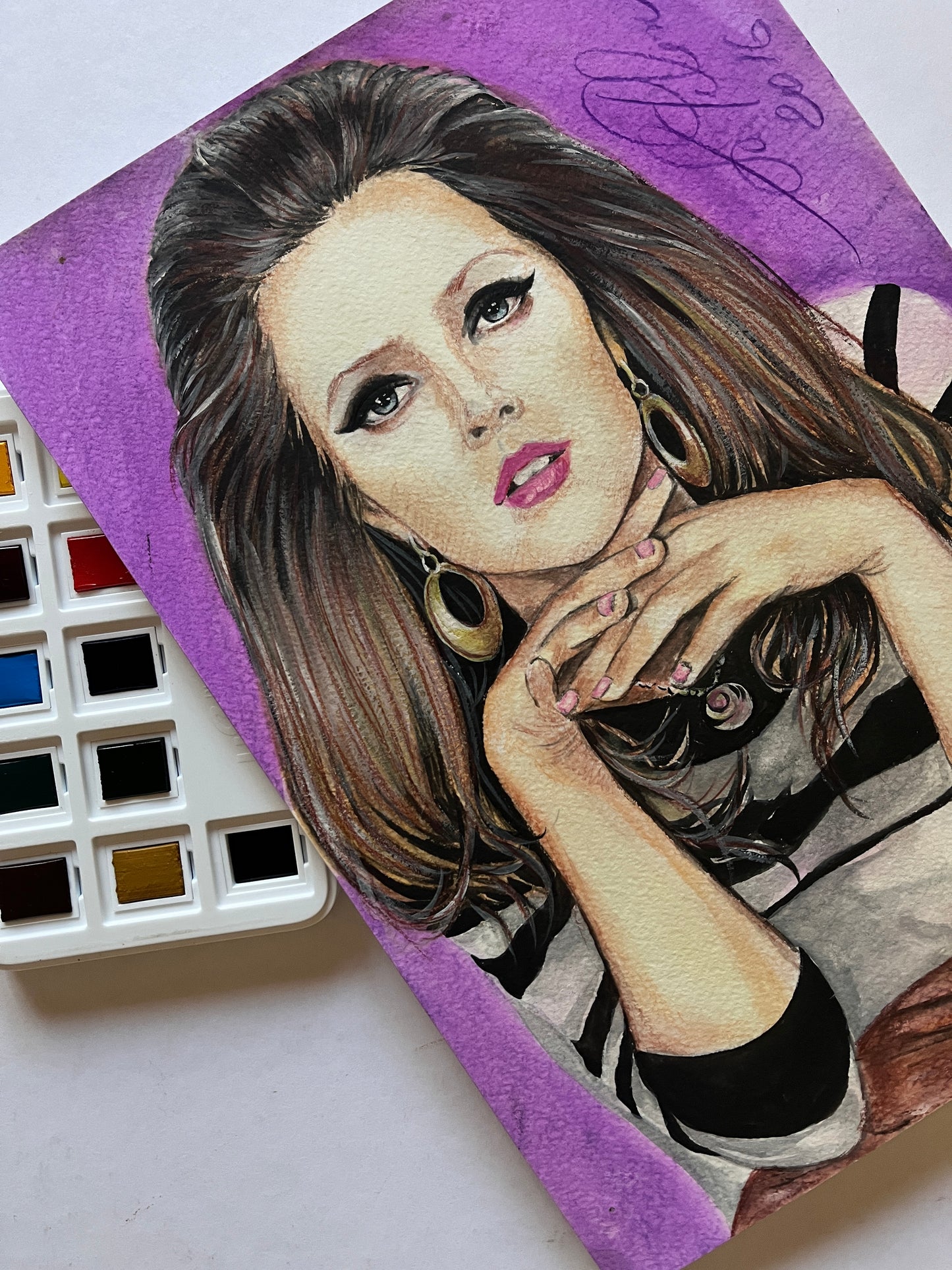 Drew Barrymore, Flower, ORIGINAL Watercolor Pencils Drawing, Artwork by Svetlana Pelin