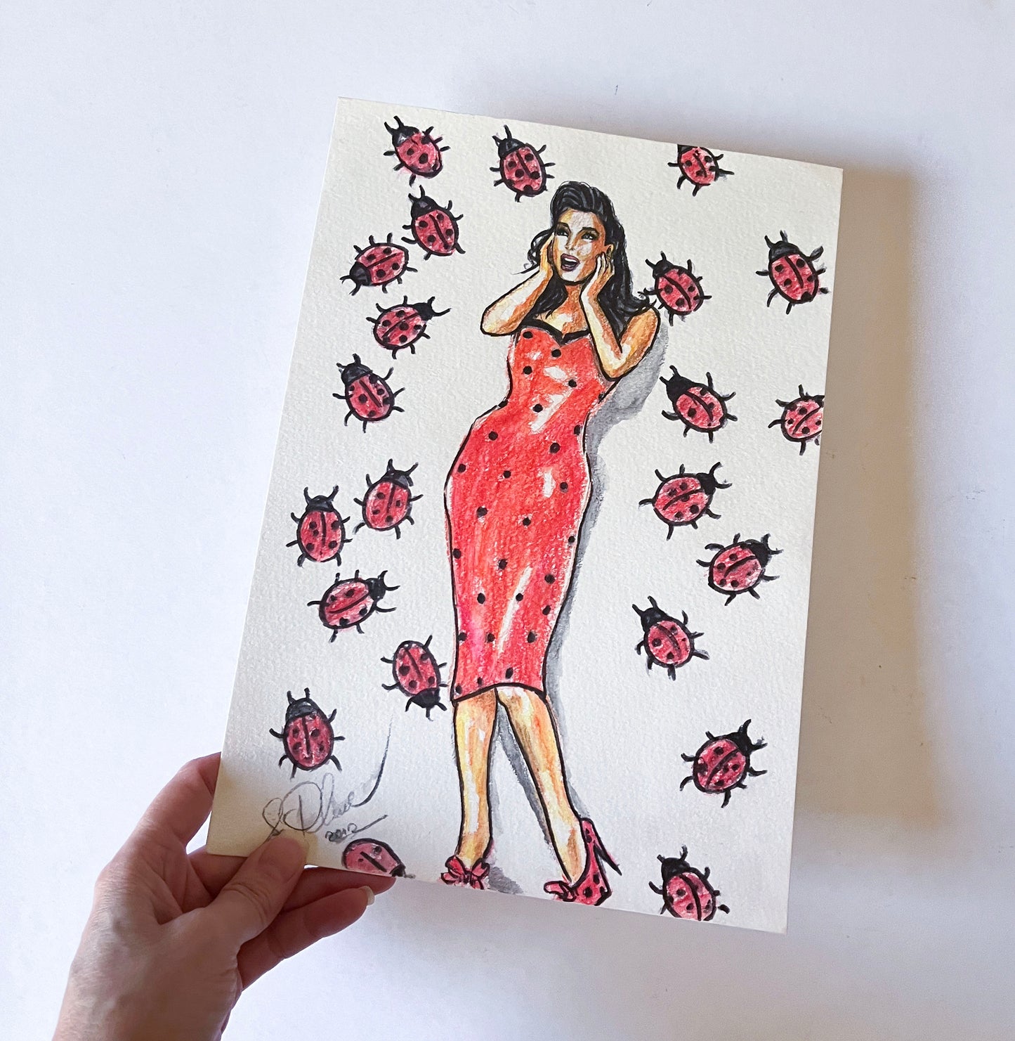 Dita Von Teese, Polka dots dress, Lady bugs, ORIGINAL Watercolor pencils drawing, Artwork by Svetlana Pelin