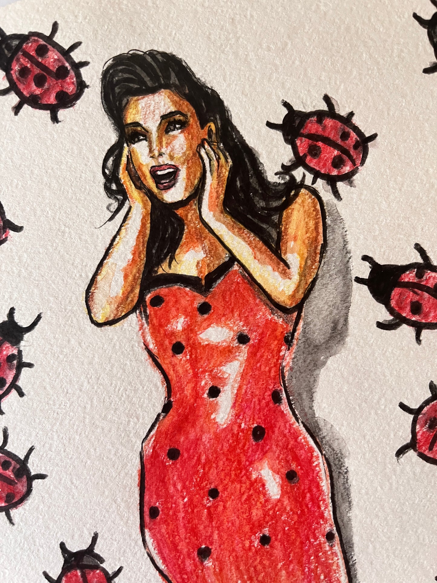 Dita Von Teese, Polka dots dress, Lady bugs, ORIGINAL Watercolor pencils drawing, Artwork by Svetlana Pelin